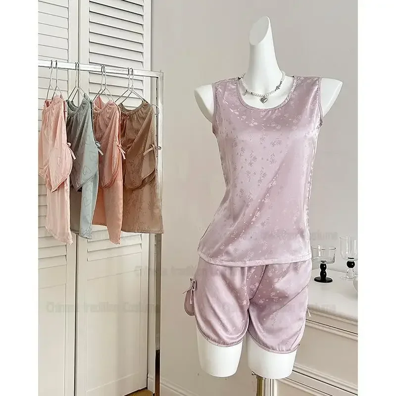 Elegant Jacquard Sleepwear New Chinese Style Vest Top Shorts Sleeveless Pijama 2Pcs Pyjama Nightwear Mujer Corto Loungewear