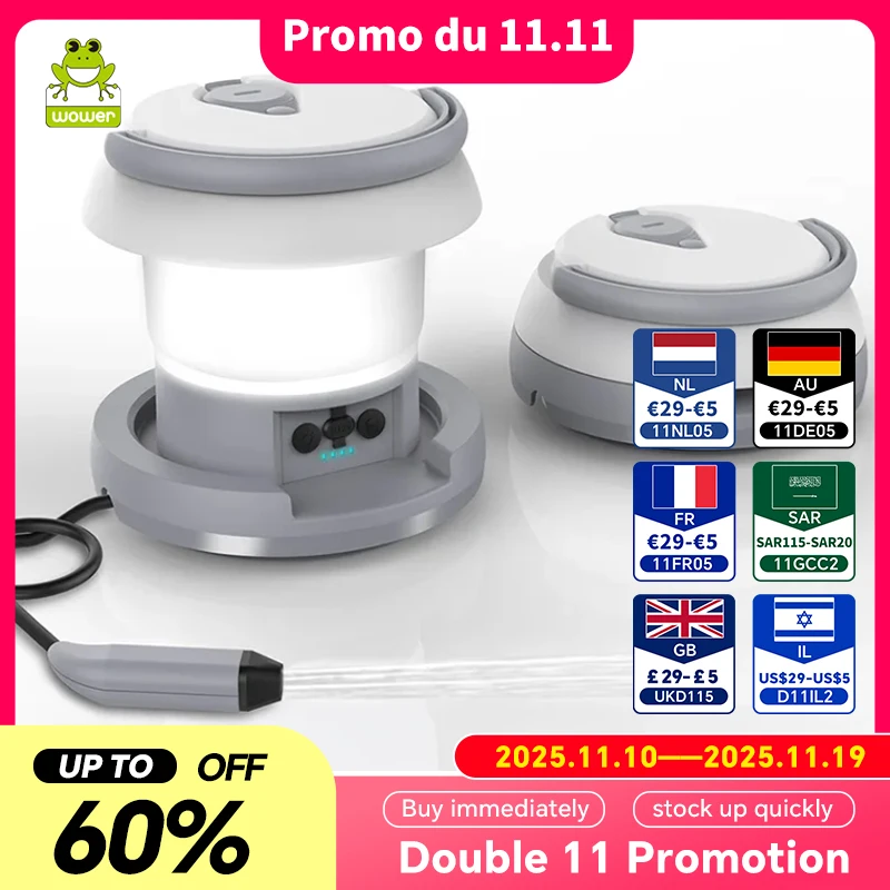 

WOWER Portable Bidet Foldable 1L Toilet Sprayer Travel Shattaf with Light for Personal Cleaning Hiking Camping Lantern