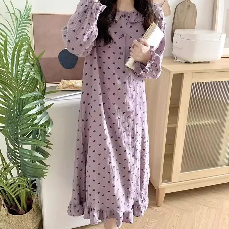 Heart Print Women Nightgown Korean Sleepwear Ruffles Nightwear Autumn Night Dress Long Sleeve One Piece Pajamas Home Wear New In