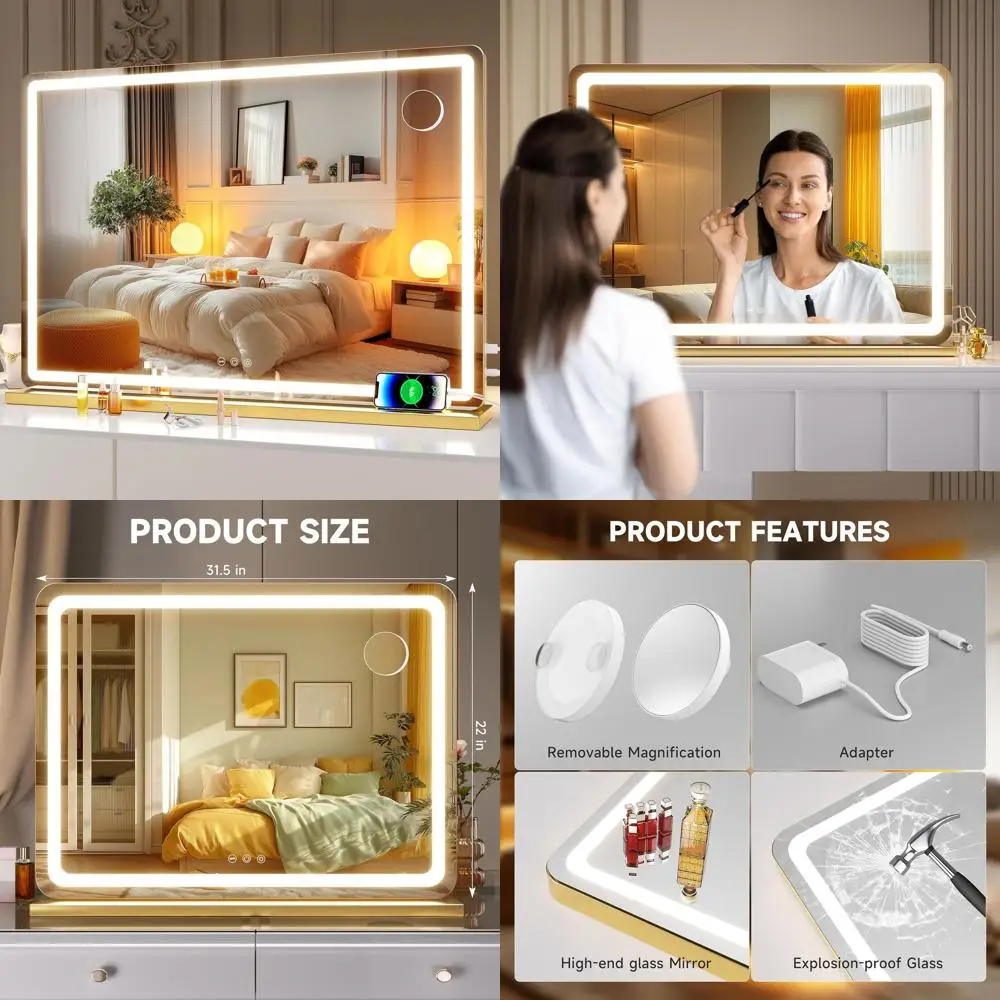 

Круглое золотое зеркало для макияжа 31,5 x 22 со светодиодной подсветкой, сенсорным управлением и 3 режимами регулировки яркости