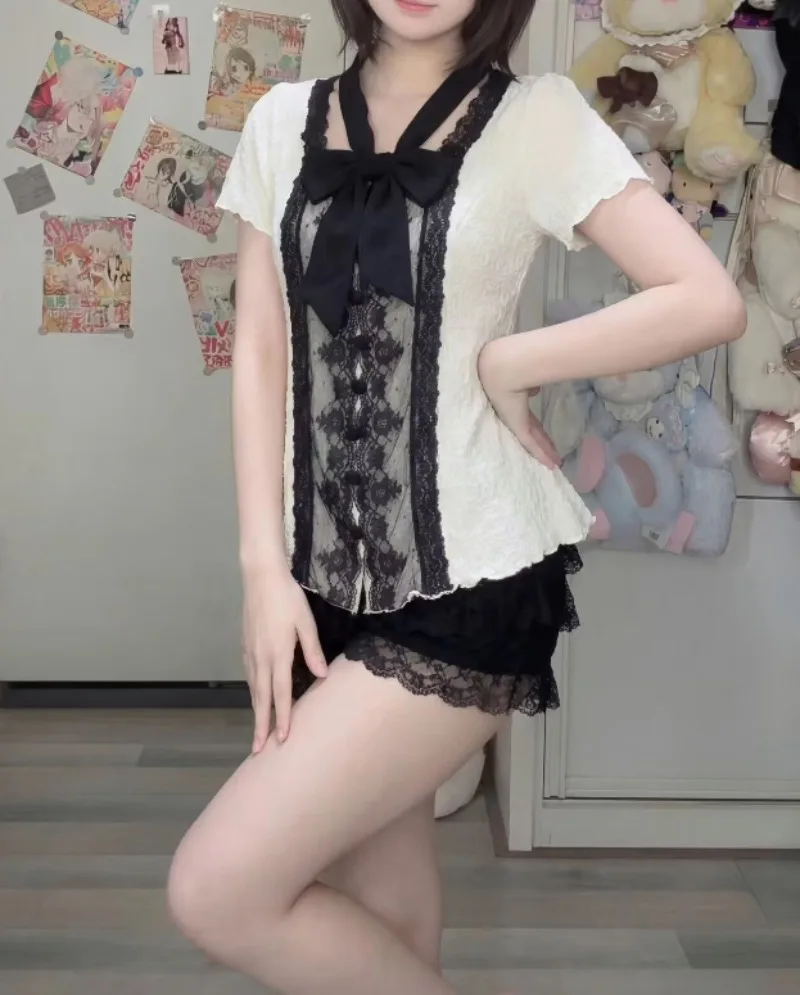 Japanese Style Summer Aesthetic Sweet 2 Piece Sets Women Black White Contrast Lace T-shirt Bow Y2K Top Lace Shorts Kawaii Outfit view 3
