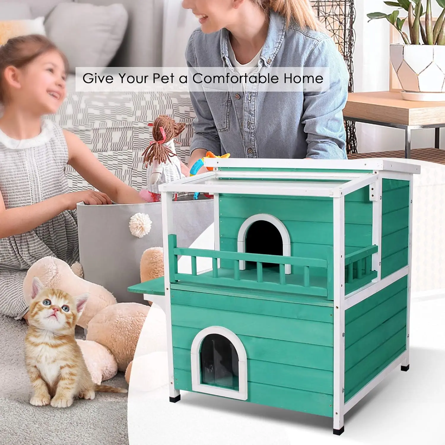 2-Story Wooden Outdoor/Indoor Luxurious Cat Shelter House Condo with Transparent PVC Canopy 6012-0509BL (Green)