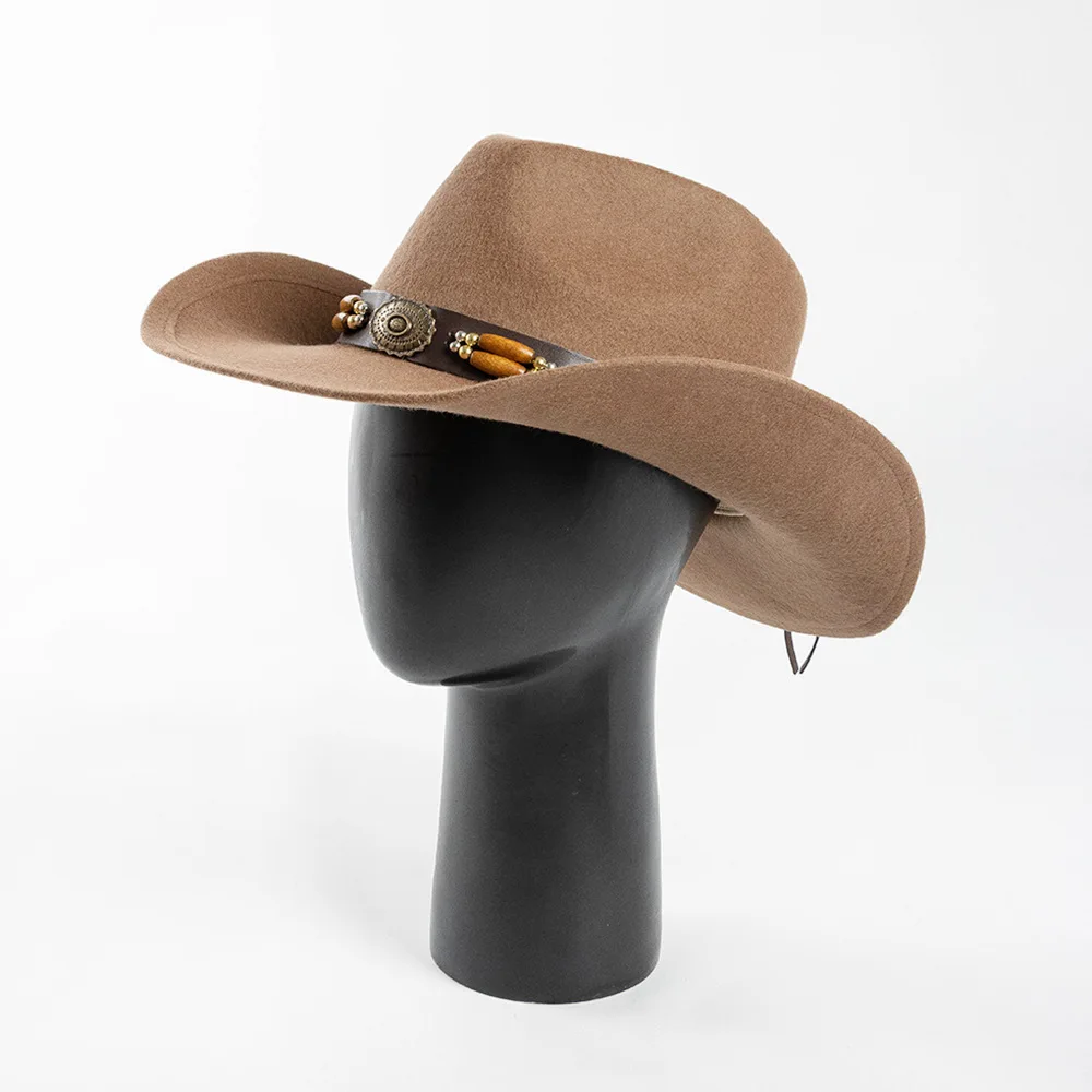 Hot-Selling Denim Style Rivet Wooden Bead Belt Decorated Wool Felt Hat Outdoor Travel Warm Hat Trendy