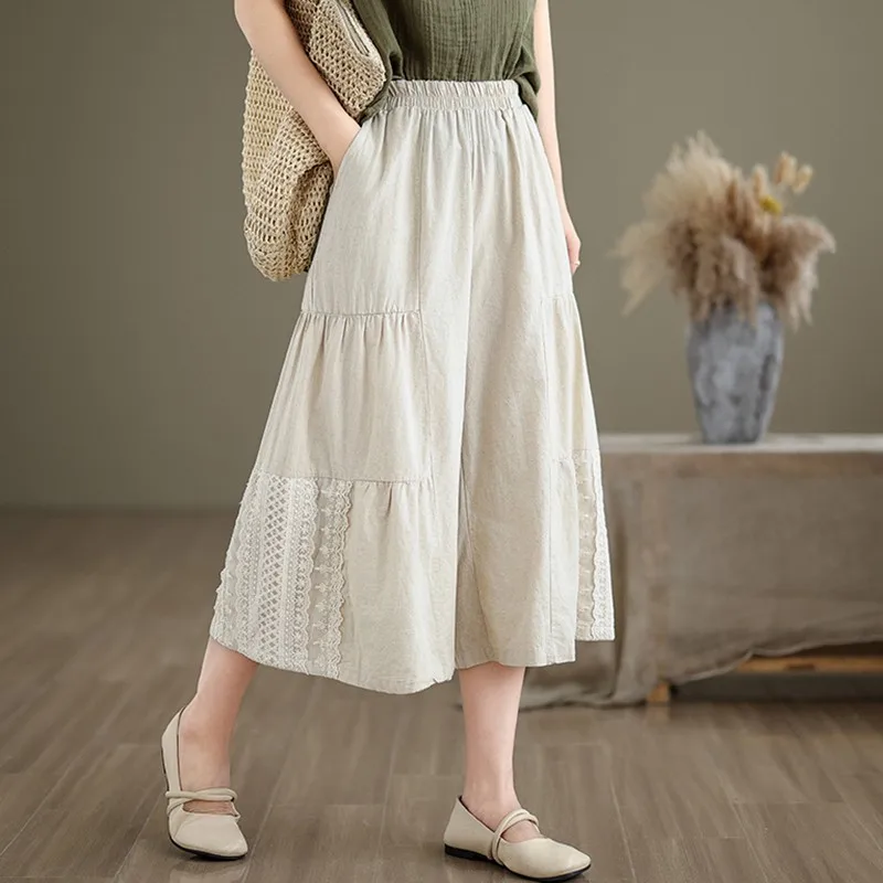 Women Casual Wide Leg Pants New Arrival 2024 Summer Vintage Style Patchwork Lace Loose Female Calf-length Casual Pants B3751