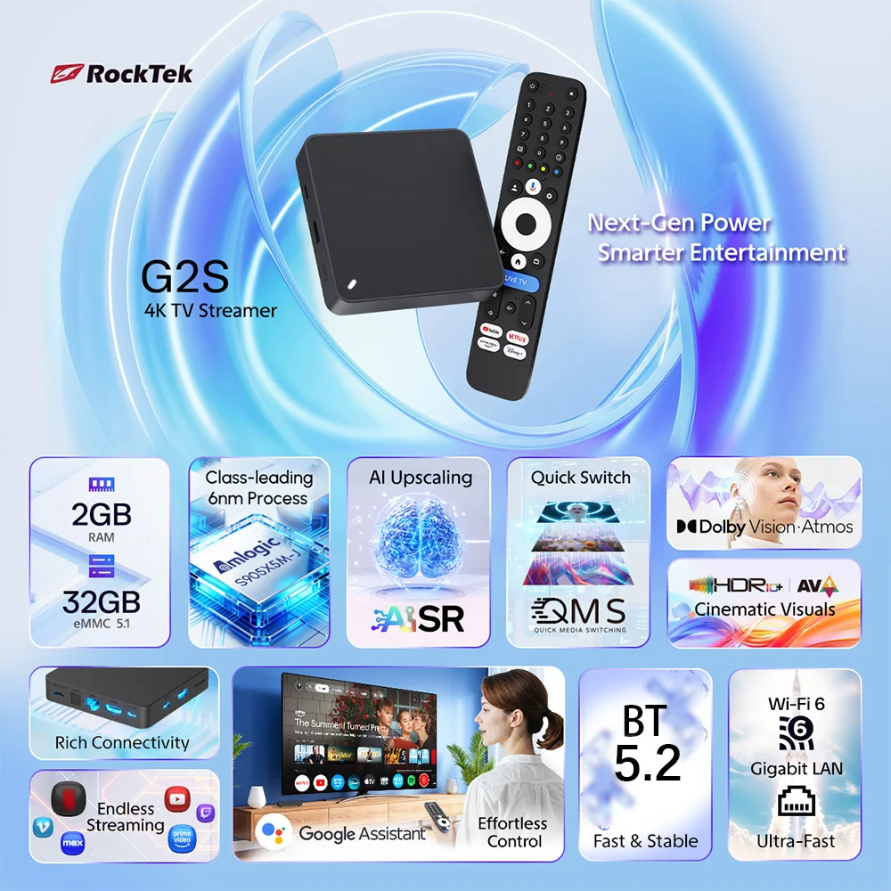 RockTek G2S UHD Google TV Box Netflix Google Certified 2GB 32GB S905X5M-J Support Dolby Atmos Vision Wifi6 BT5.2 AndroidTV Box