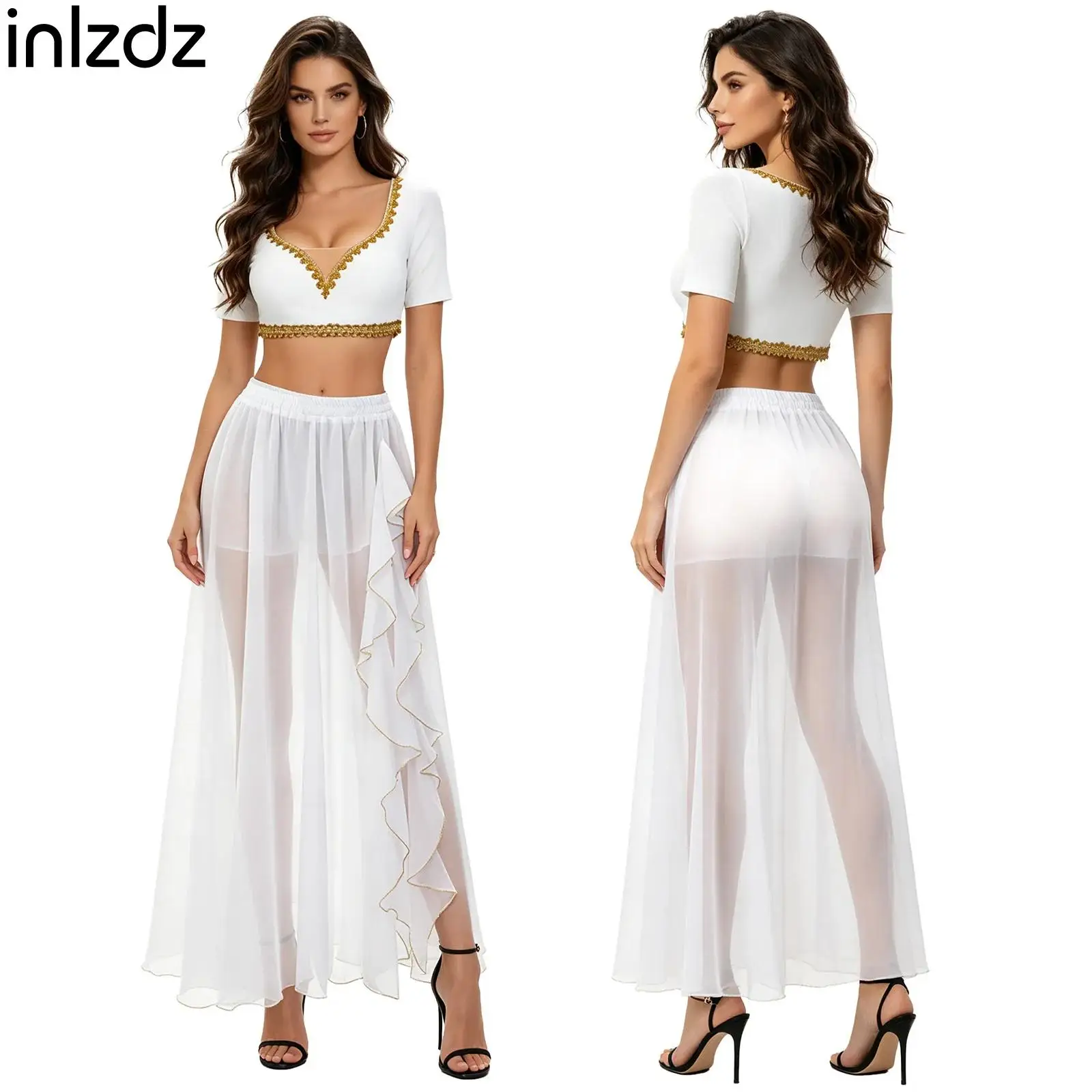 

Women Belly Dance Costume V Neck Gold Trim Crop Top with Ruffles Side Split Flowy Chiffon Skirt Lyrical Indian Dancewear