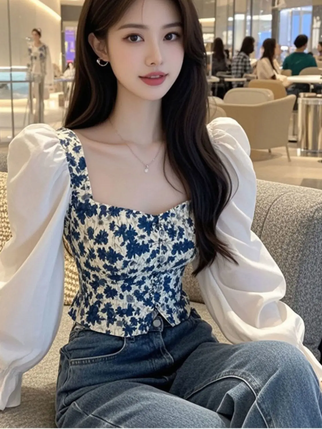 Square Collar Base Top New Women\'s Retro French Gentle Floral Design Unique Waist Cinching T-shirt