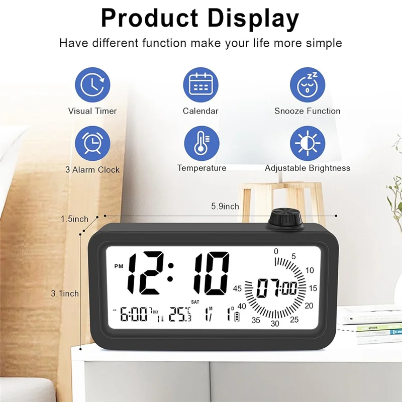 

-N21R Digital Alarm Clock Visual Timer Three Sets Of Alarms Luminous Dual Display Countdown Children's Learning Time Reminder