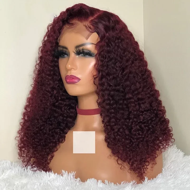 

MXWIG Burgundy Kinky Curly Preplucked 26 " Long Wine Red180Density Glueless Lace Front Wig For Black Women BabyHair Daily Fiber