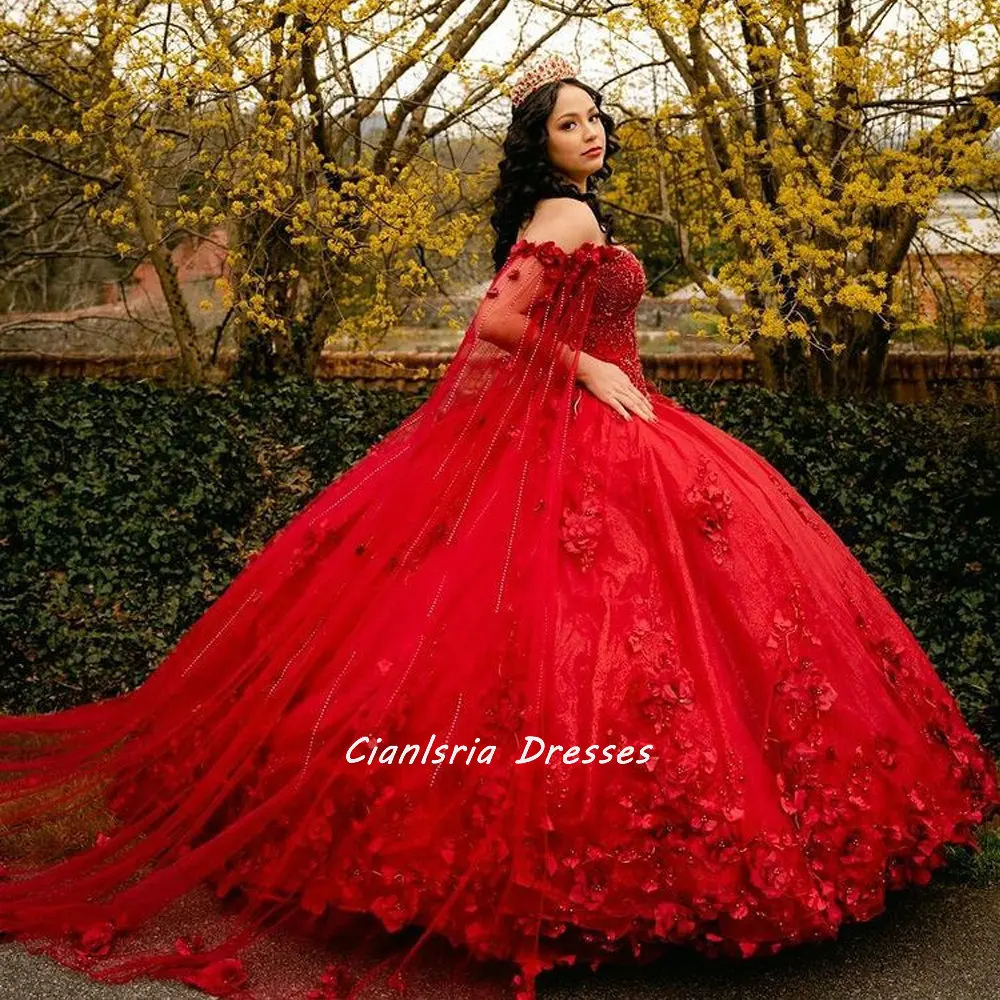 Gaun Dansa Bunga Buatan Tangan 3D Merah Gaun Quinceanera dengan Korset Renda Applique Tanpa Bahu Mantel Pesta Gadis Manis 15