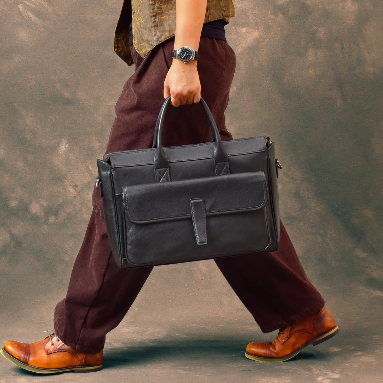 business casual luxury genuine leather men briefcase designer handmade work real cow leather black laptop handbag messenger bag
