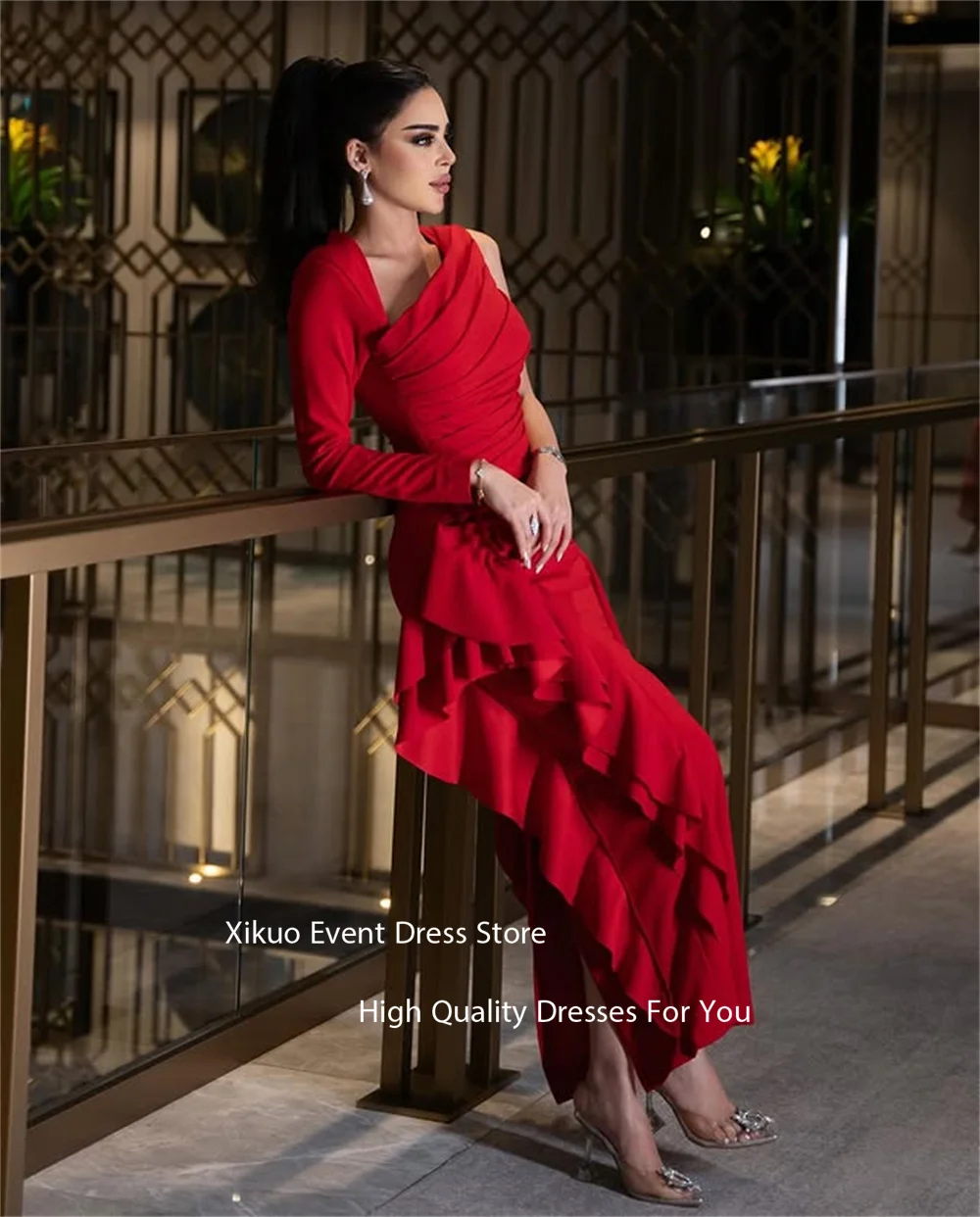 Gaun Malam Xikuo dengan Kerah Asimetris Unik, Ruffle di Bagian Bawah, Model Ruched Satu Bahu, Vestidos Para Mujer, Gaun Prom Dubai, Dapat Dipesan Sesuai Ukuran