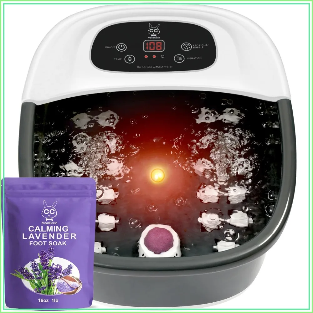 Heated Foot Spa Massager with Bubbles, Vibration, Red Light, 22 Rollers, Adjustable Temp, Lavender Epsom Salt