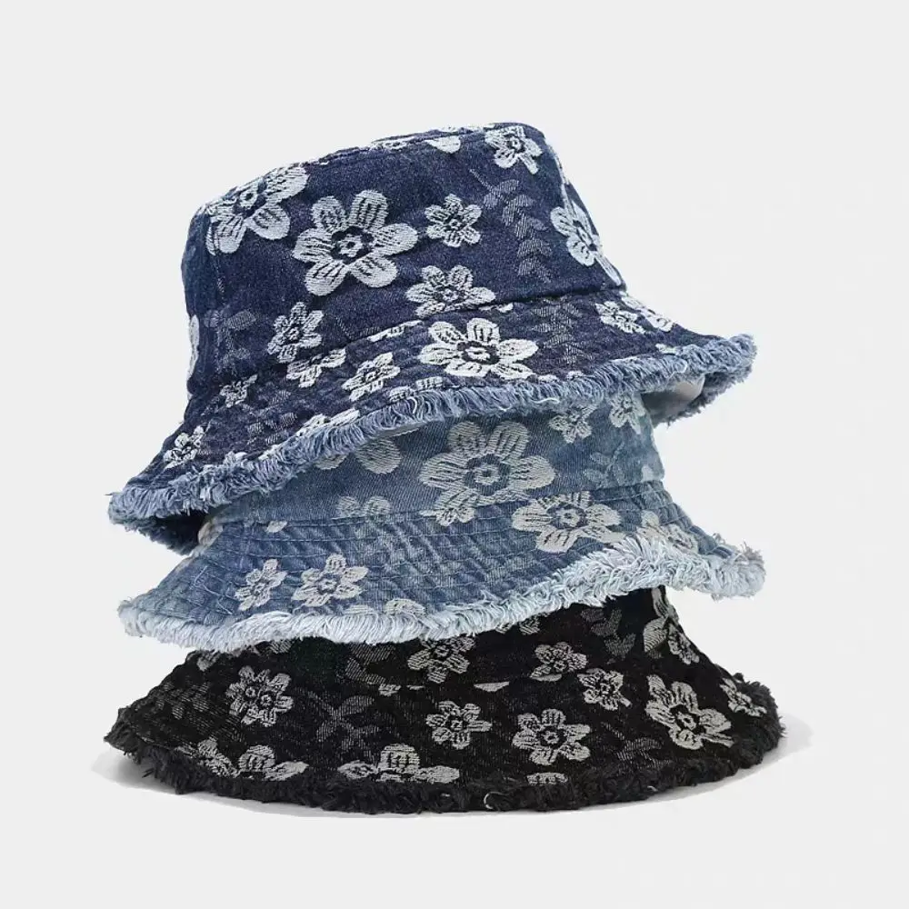 

Retro Washed Denim Fisherman Hat Flower Embroidered Korean Style Cowboy Bucket Hats Fashion Frayed Brim Sunscreen Sun Cap Travel