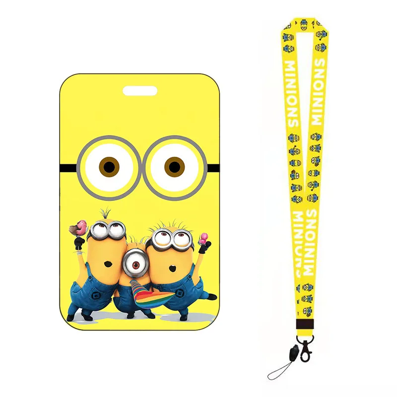 Minion tempat kartu Lanyard Minion liontin alat tulis siswa tempat kartu gantungan kunci Bob Stuart Kevin casing kartu Id mainan tokoh Anime