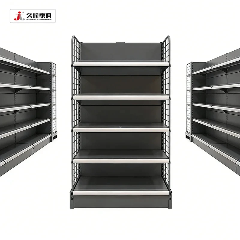 custom.JIUSHUN High Standard Gondola Shelving Metallic Goods Sturdy Customized Supermarket Shelves Retail Store
