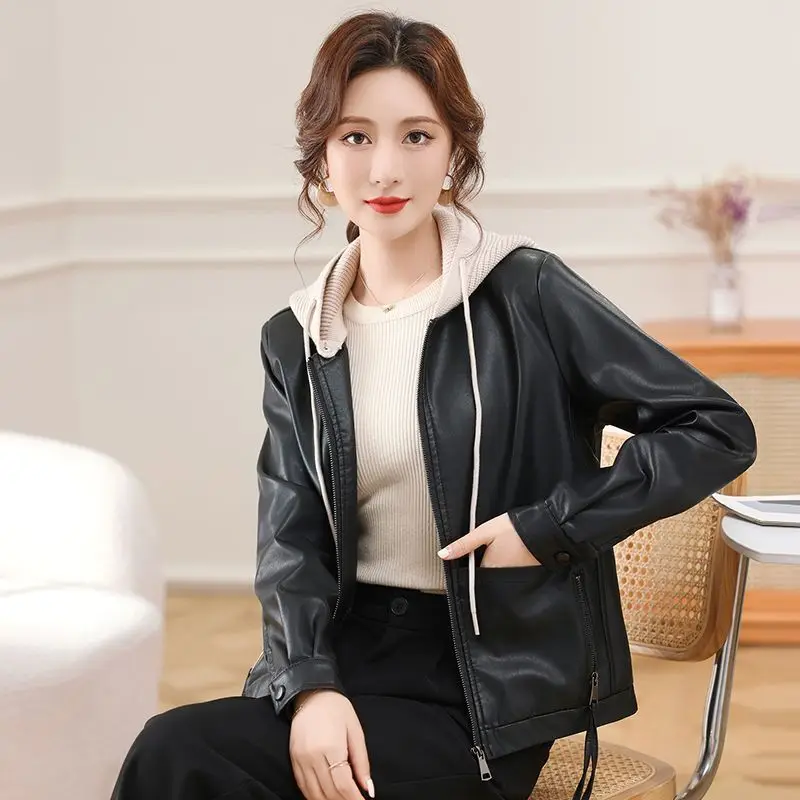 Knit Hat Detachable Zipper Leather Women Basics Solid Jacket Fashion Loose Women Coat Loose Outware Long Sleeved Autumn Winter