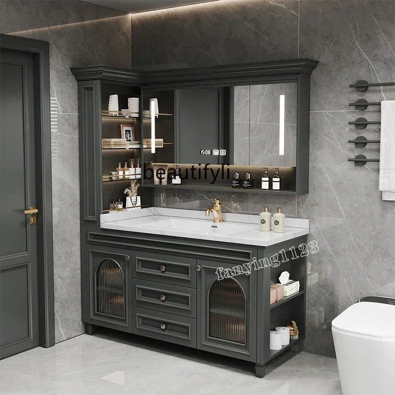 

Y13 Ymerican oak bathroom cabinet combination French, rock slab seamless basin washstand, floor-to-ceiling