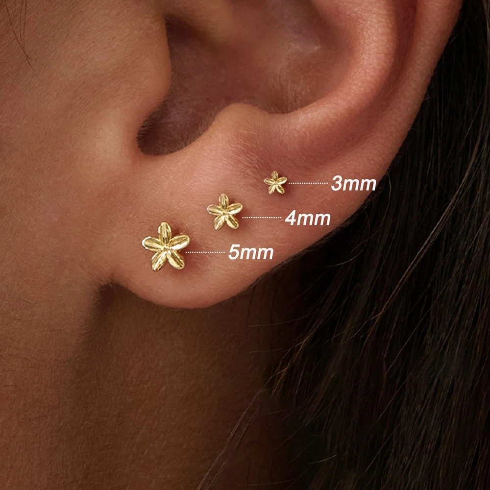 3 uds. De pendientes ligeros de lujo de 3/4/5mm chapados en oro de 14K con forma de flor para mujer, joyería para Piercing de cartílago de acero inoxidable