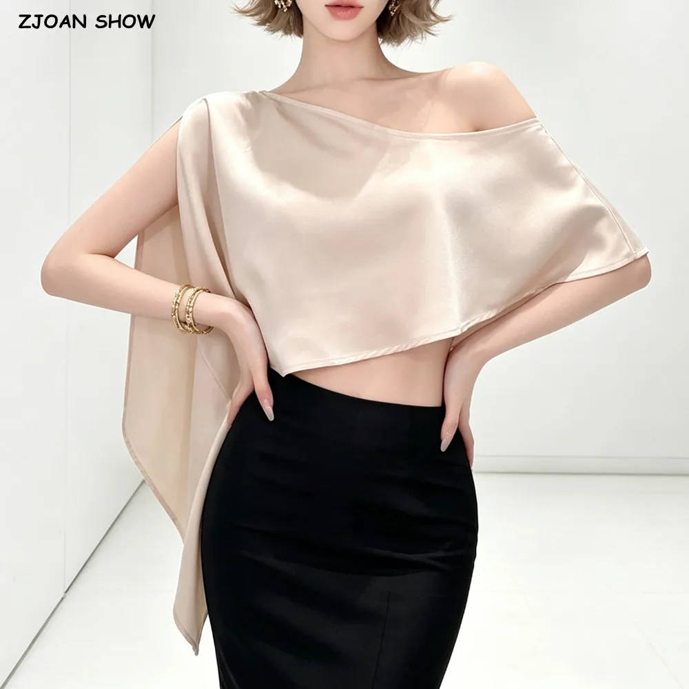 Two‑Piece Set Women Asymmetrical One‑Shoulder Draped Overlay Blouse Satin Shawl + Stretch Tube Camisole Base Tank Top