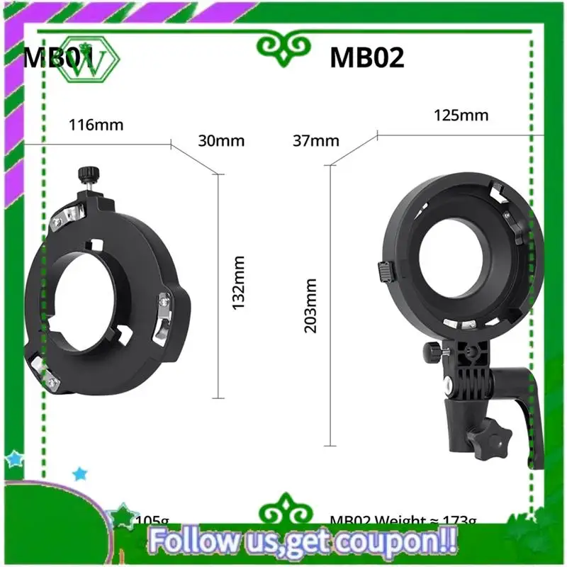 Reliable-Professional Mini To Bowens Mount Quick Adapter Set For YONGNUO YN150, IFOOTAGE 60/130, NANLITE Forza 60 Softbox MB01