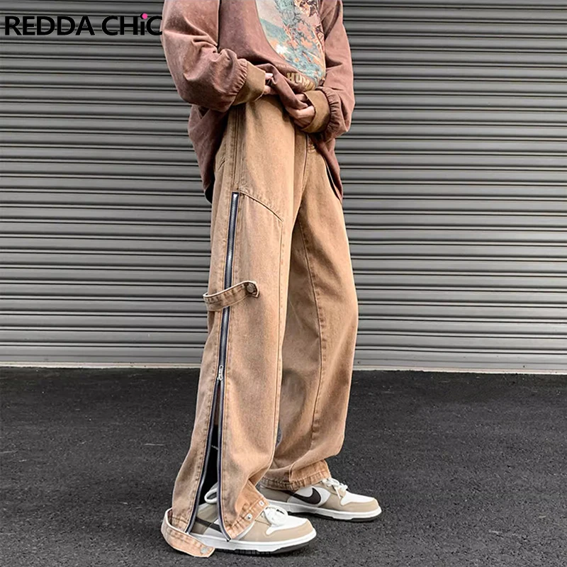 REDDACHIC Zipper Split Baggy Jeans Men Patchwork Vintage Deconstructed Casual Wide Leg Pants Hip Hop Trousers Y2k Streetwear