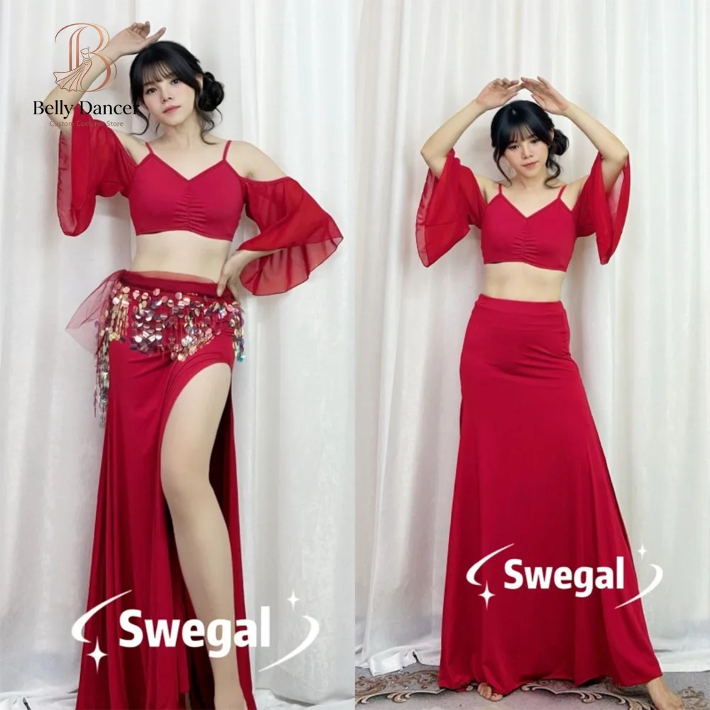 Customized Belly Dance Practice Dress with Wine Red Off Shoulder Fairy Sleeves and Double Fork Large Swing Skirt Can Insert Pads