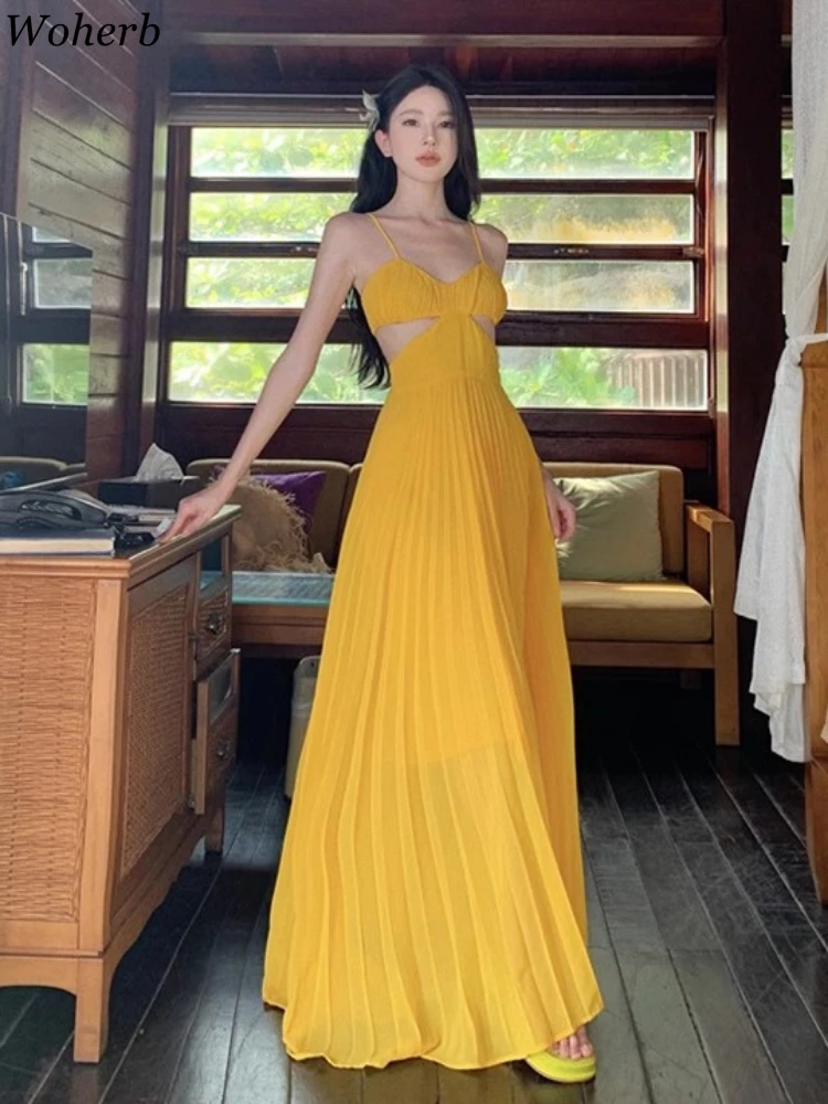 

2025 Vestidos De Mujer Summer New Slip Hollow Out Dress Women's High Waist Folds Backless Sexy Robe Femme Fashion Maxi Dresses