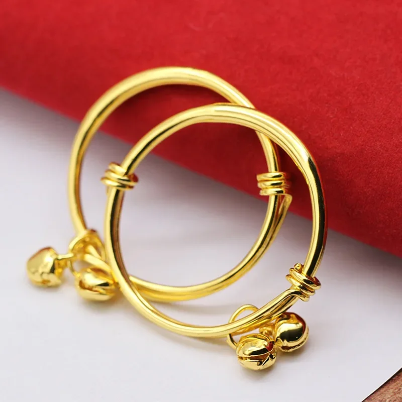 2pcs Stainless Steel Bell Bangles for Kids Gold Color Rain Star Smooth Bracelets Size Adjustable Babies Jewelry Accessories