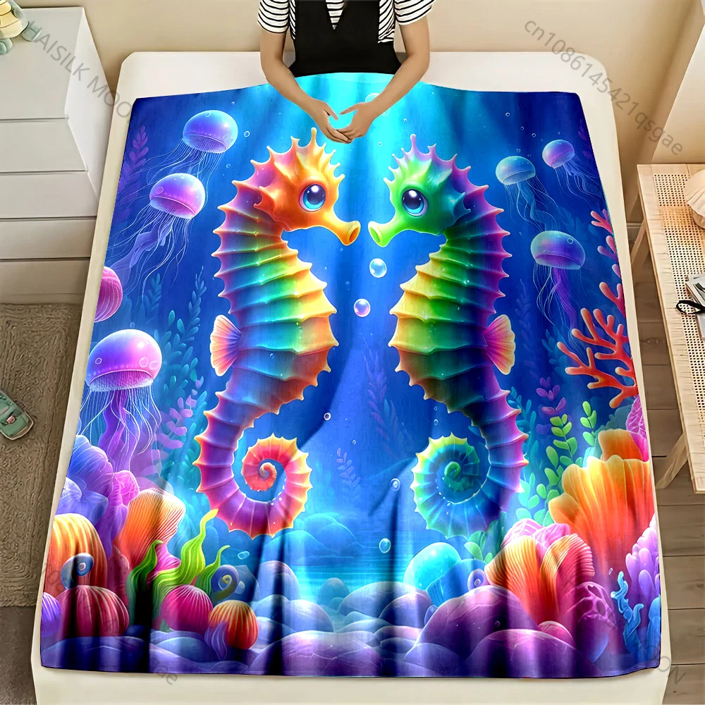 Multi-size Colorful Seahorses and Jellyfish Pattern Blanket Flannel Material Soft Warm for All Seasons Home Camping Picnics RV