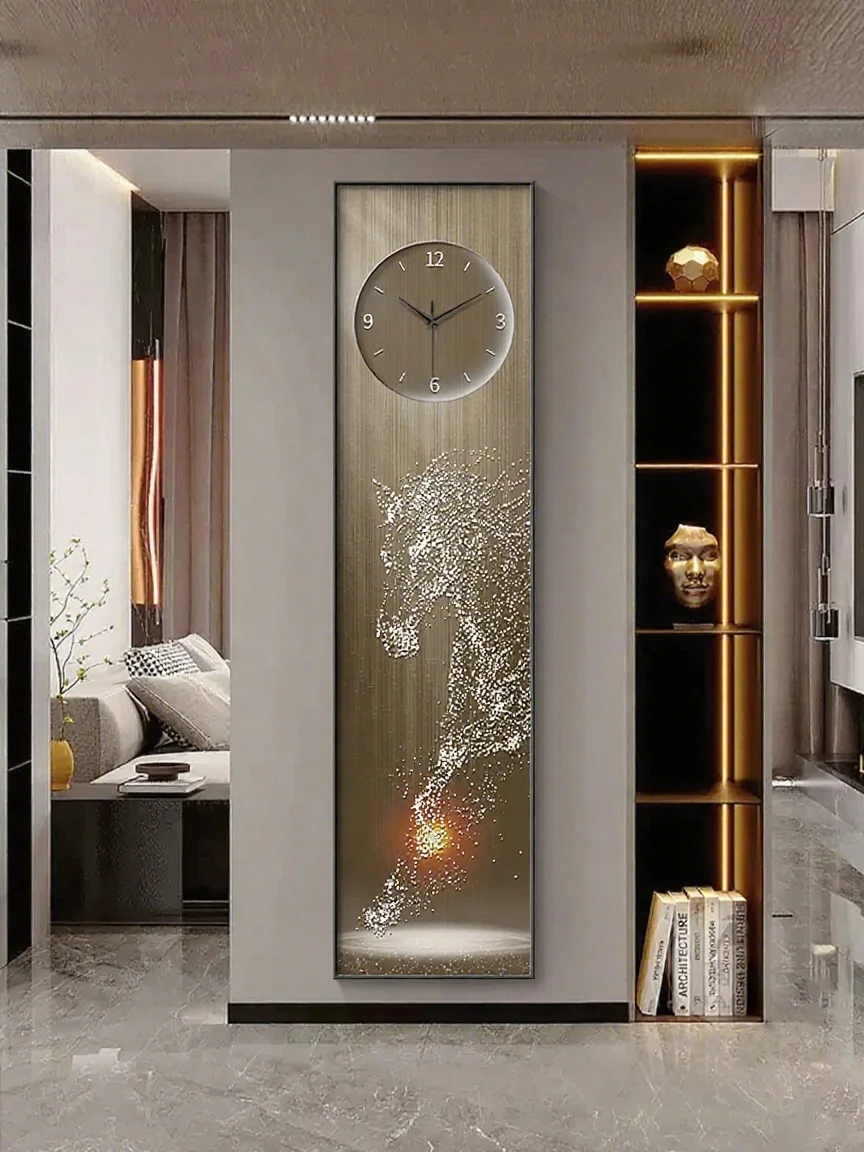 Modern Luxury Steed Entrance Clock Wall Clock Living Room Successful Arrival Narrow Strip Decorative Painting Creative Art Clock