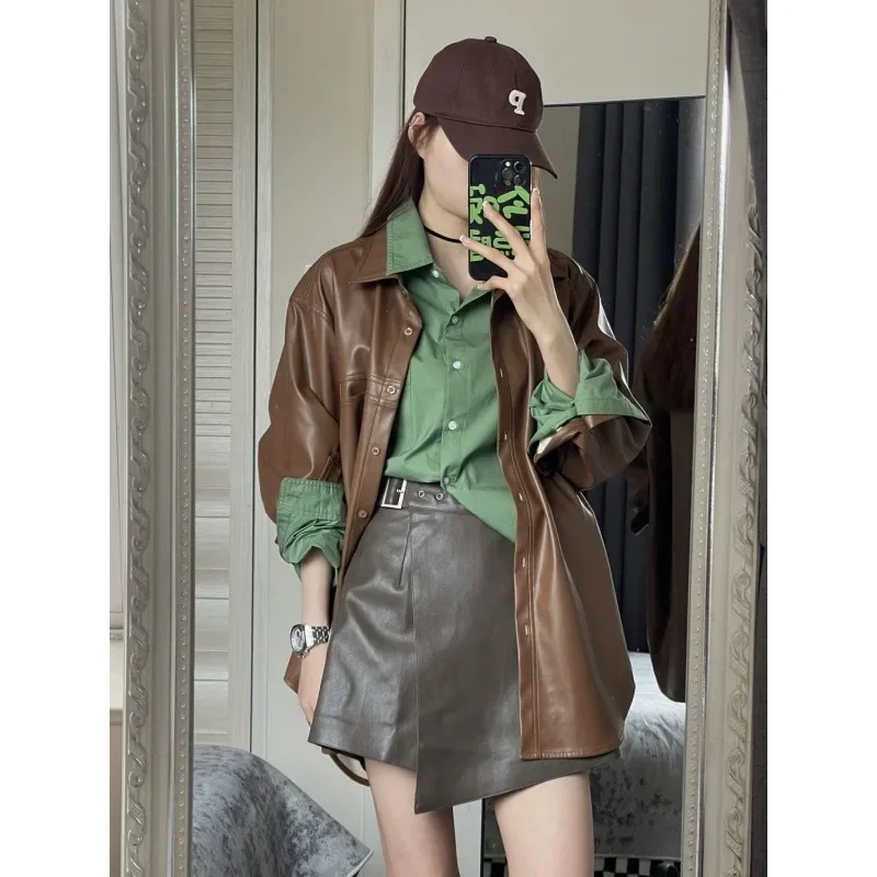 Small locomotive leather jacket women's spring and autumn 2024 new large size loose temperament medium and long leather j