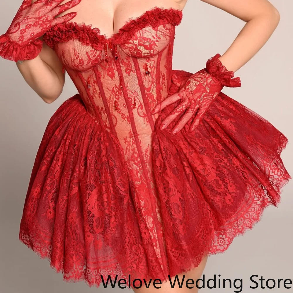 Customized Romantic Red Lace Corset Mini Dress featuring a strapless sweetheart neckline sheer lace detailing and a flared skirt