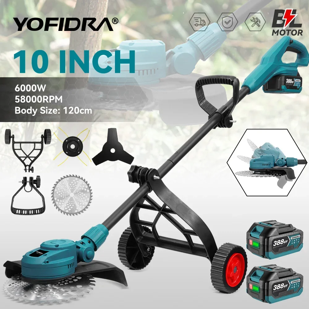 YOFIDRA 10 pouces tondeuse à gazon électrique sans brosse 6000W 58000 tr/min jardin pliable coupe gazon outil de jardin pour Makita 18V batterie broche
