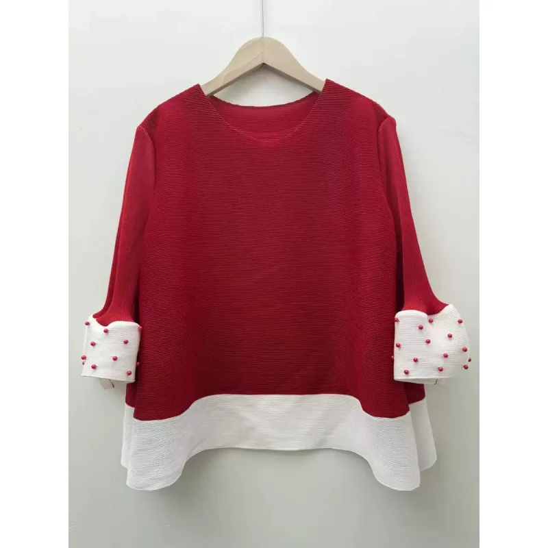 T-shirt Long Sve avec perles de couleur pliée, pantalon ample à jambes larges, vêtements d'extérieur simples, taille haute, automne