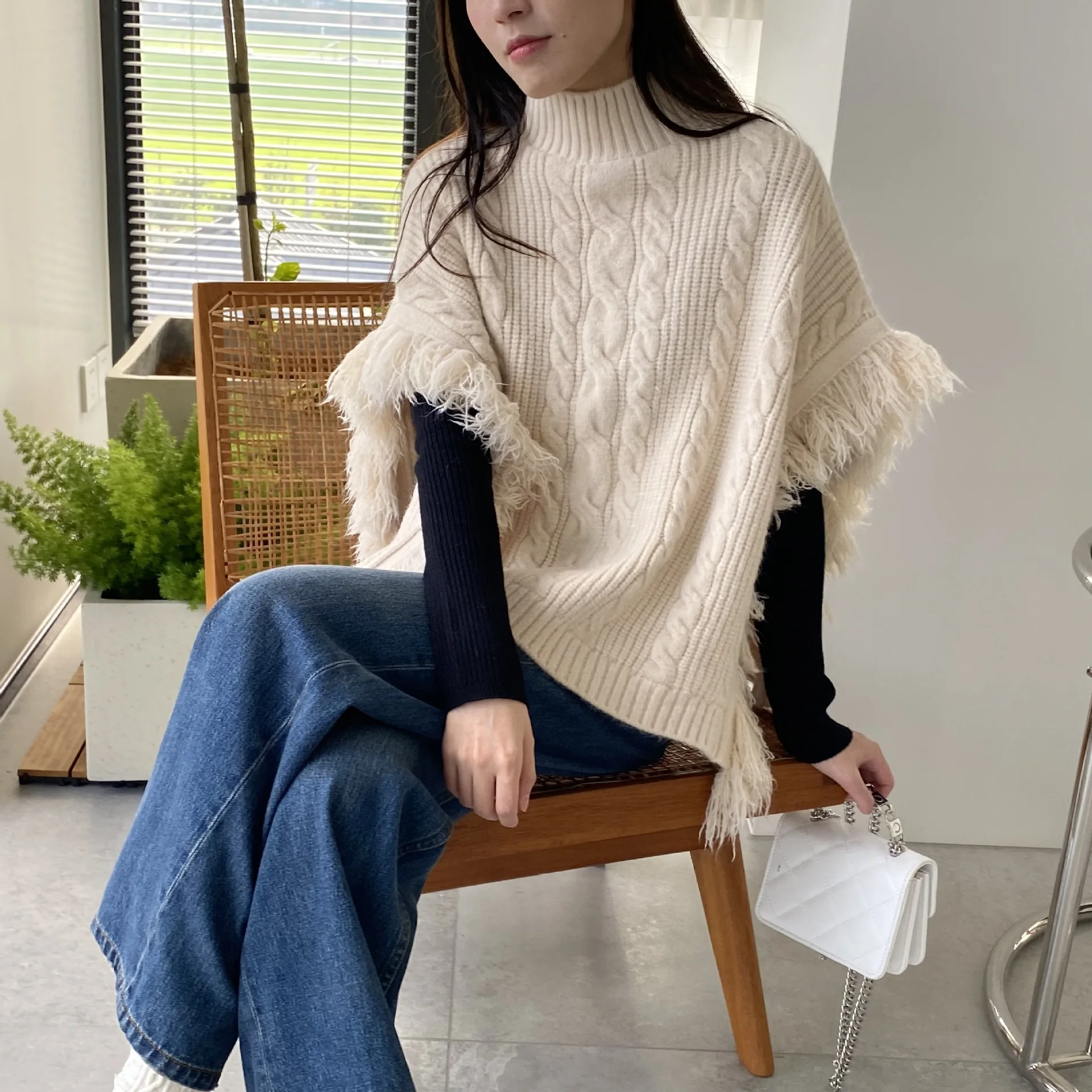 Women Vintage Shawl Sweater with Tassel Vest Scarf 2024 Fall Winter Ladies Knitwear Sleeveless Knit Cloak Coat Pullover Tops