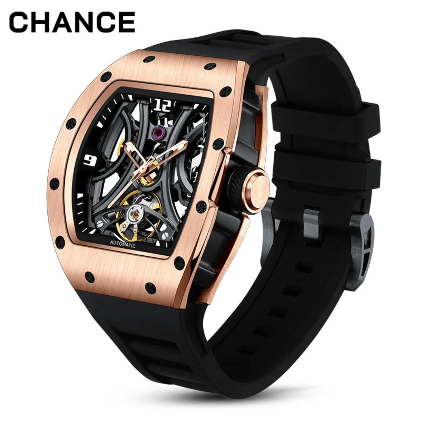 CHANCE New Style Automatic Watch Tonneau Dial Silicone Strap Waterproof Sport Mechanical Wristwatch Stainless Steel 919011