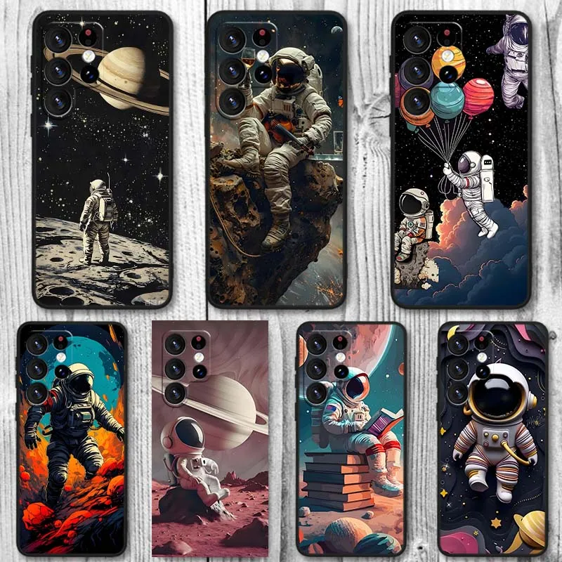 Cartoon Astronaut Planet For Samsung Galaxy S26 S25 S24 Plus Ultra Lite Soft Black Straight Edge Phone Case Cover