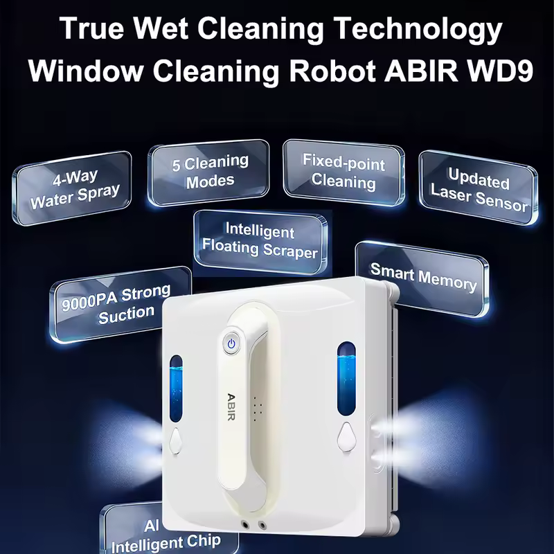 Robot Window Vacuum Cleaner ABIR WD9,4-Way Water Spray, Laser Sensor,9000PA Suction, Low Nosise,Wet Dry Scrape & Wipe in One - Image 2