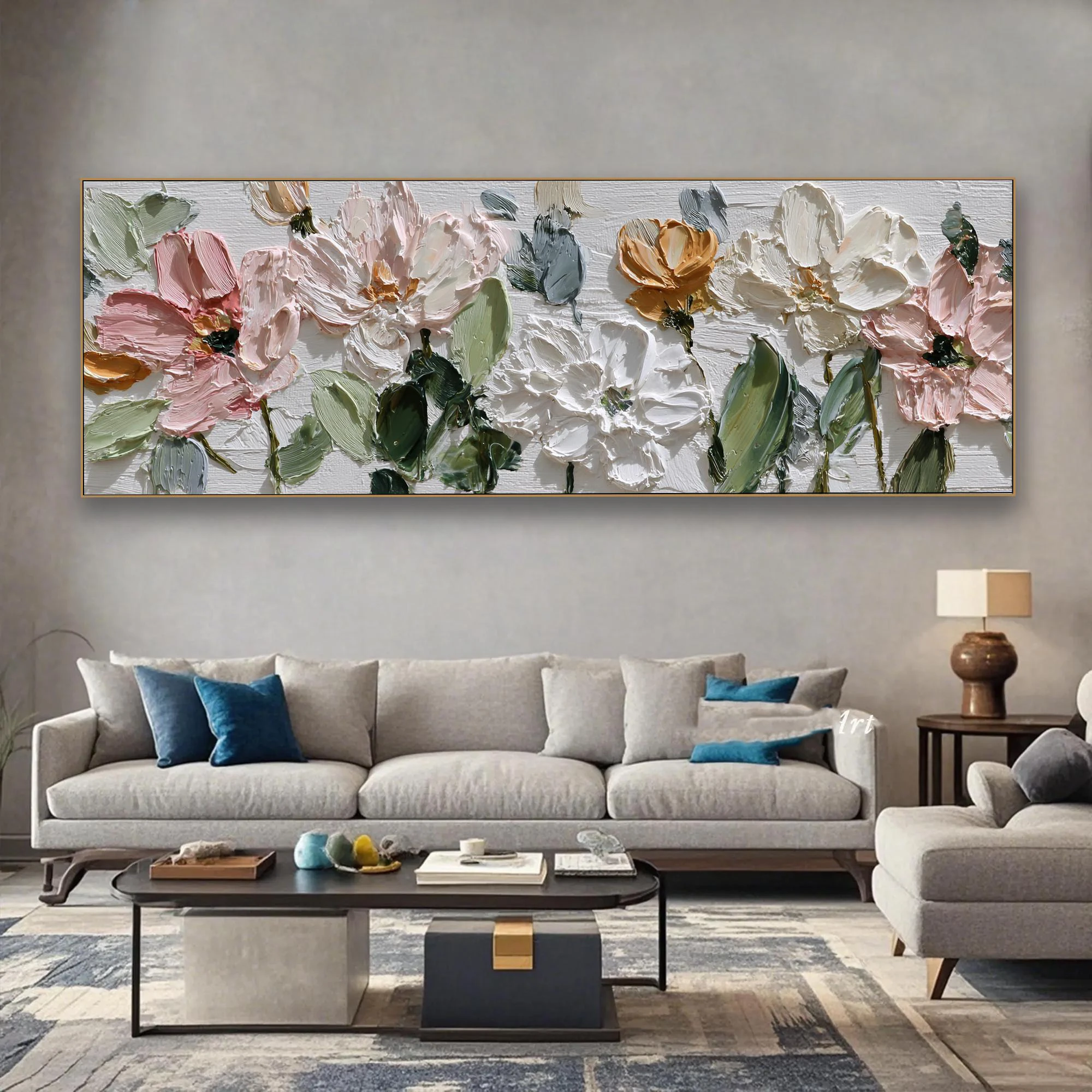 Pink White Flowers Wall Art Palette Knife Floral Canvas Painting Poster and Prints,Wall Art For Living Room Home Deacor No Frame
