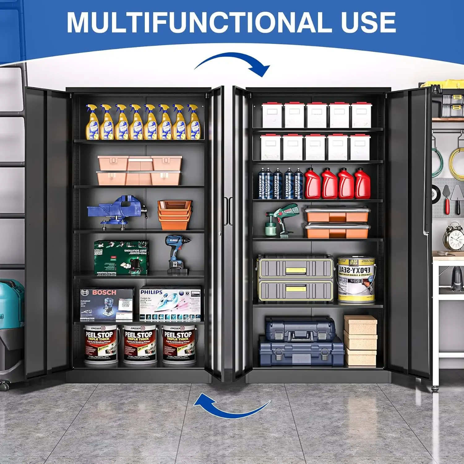 Armoire de rangement de garage en métal avec serrure et 5 étagères réglables, armoires à outils en acier avec porte verrouillable