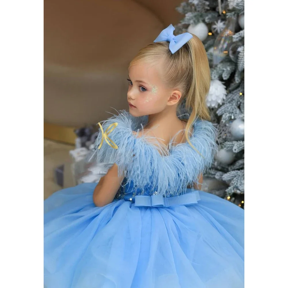 Luxury Feathers Tassel Girl Christmas Dresses Sky Blue Gorgeous O-Neck Sequined Knee-Length Party Pageant Wedding Ball Dress