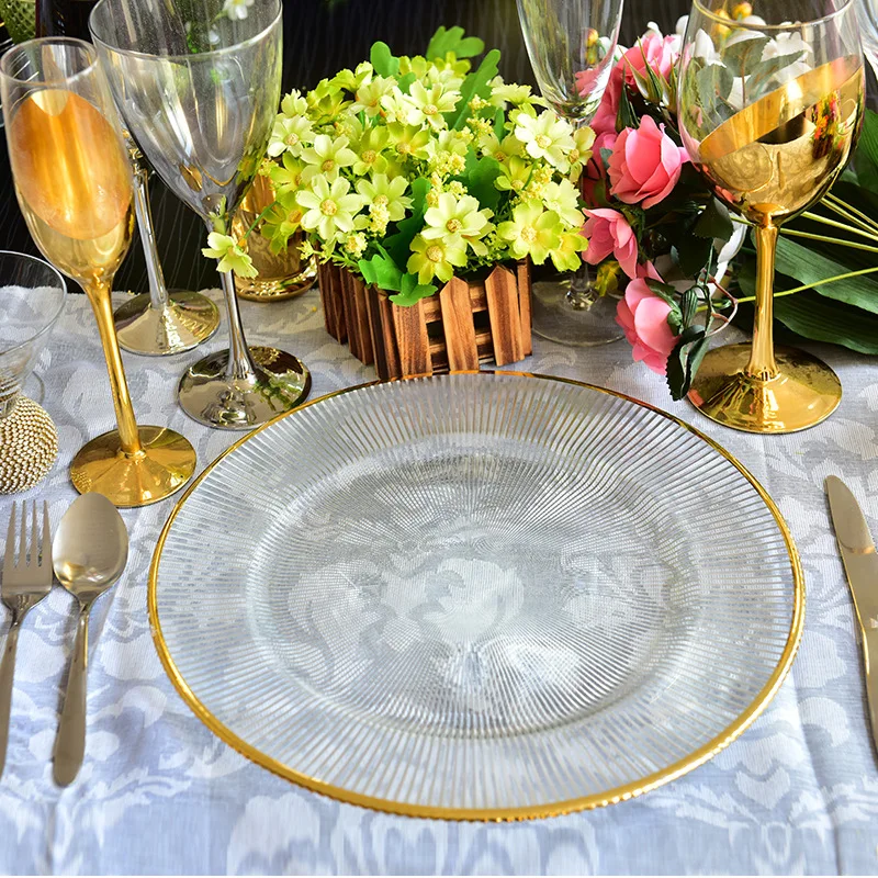 Clear Plastic Charger Trays with Gold Rimmed Stripe, Acrylic Decorative Serving Trays, 100