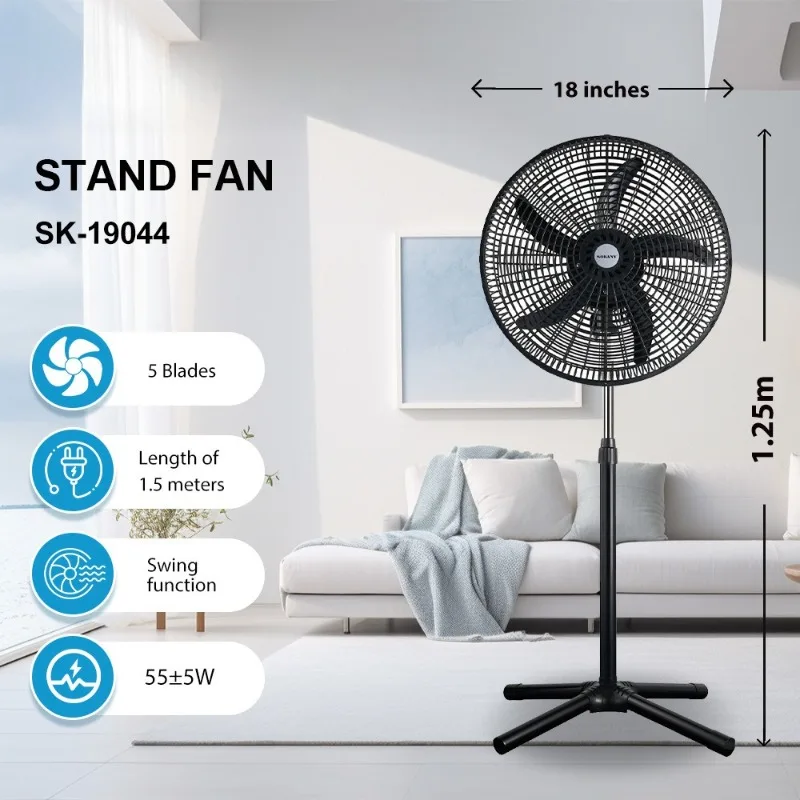 Quiet Household 18 Inch Standing Floor Fan, High Wind Power Export Standard Silent Vertical Cooling Fan for Home Indoor Use