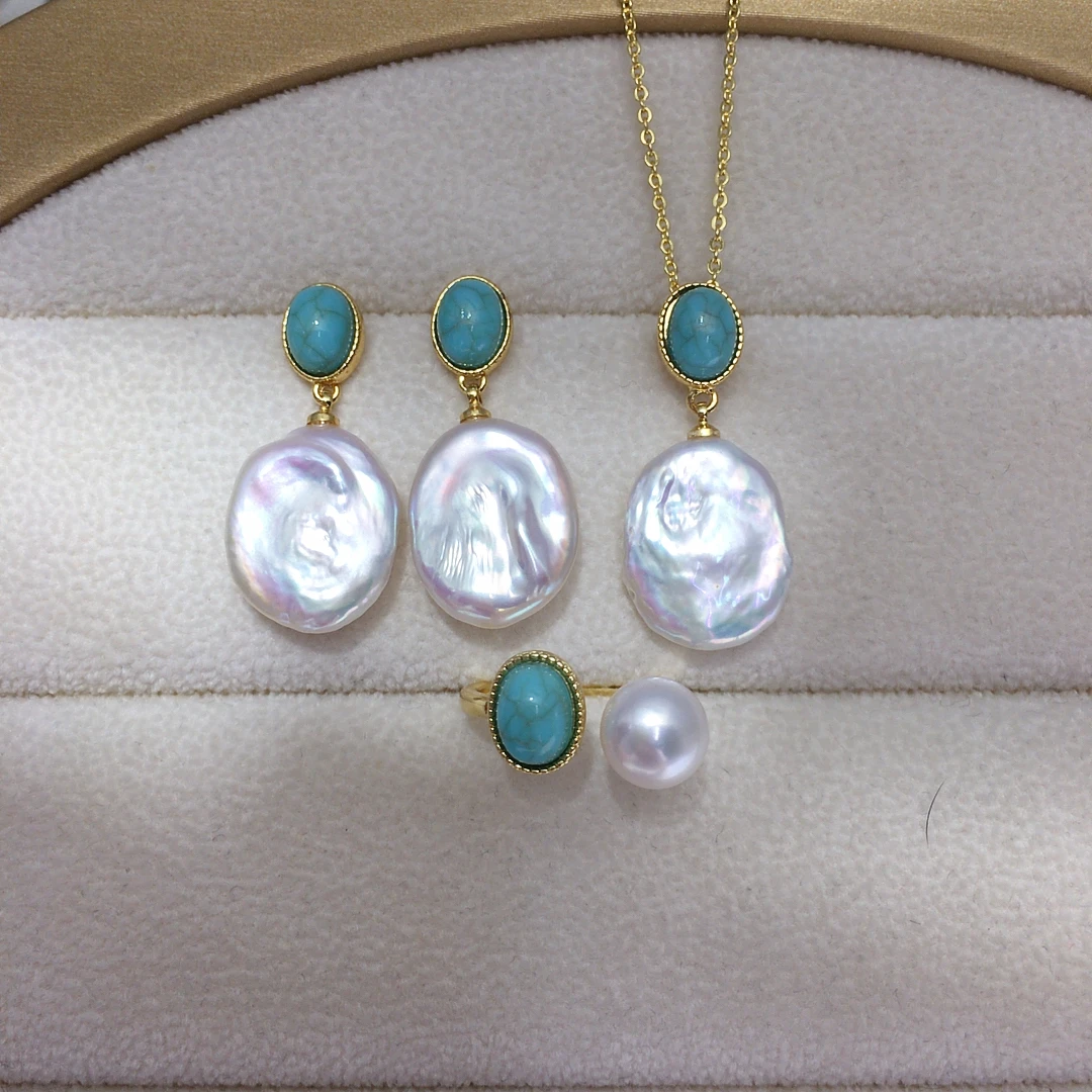 

ZHBORUINI, Новое поступление 2025, серьги с натуральным пресноводным жемчугом в стиле барокко, кольцо-подвеска, бирюзовый простой женский модный комплект в стиле ретро