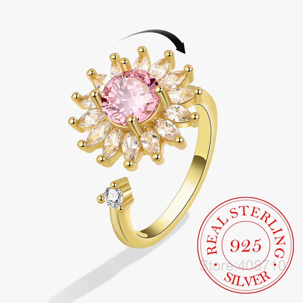 

Real 925 Sterling Silver Zircon Crystal Rotate Sunflowers Spinning Finger Rings For Women Wedding Engagement Party Charm Jewelry
