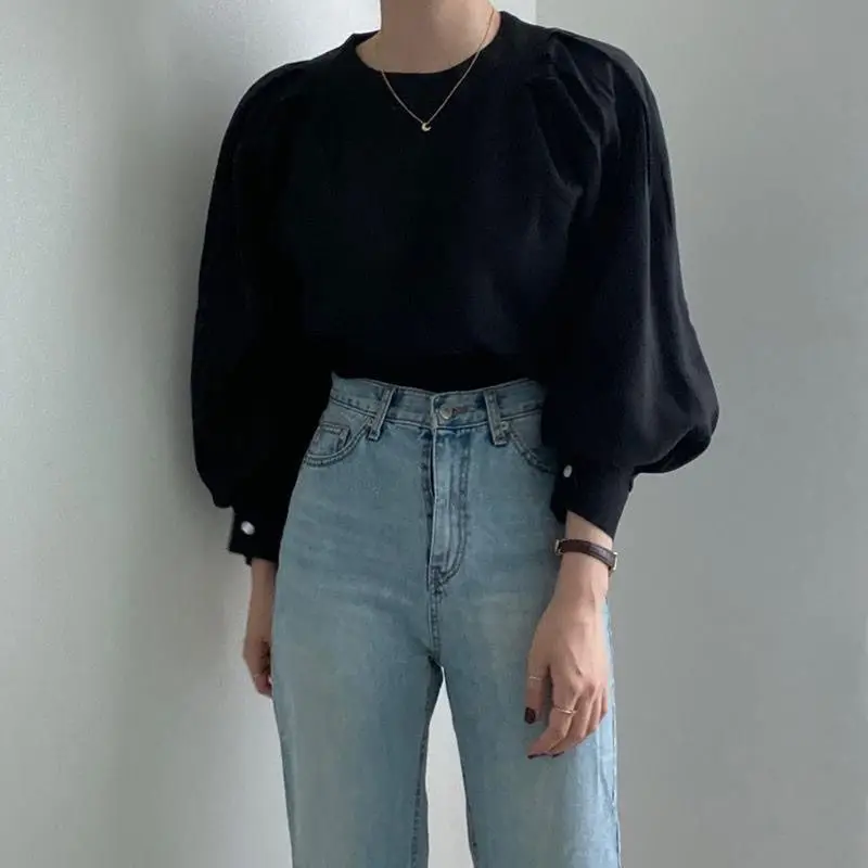 Korean Chic French Style New Simple Round Neck Bubble Shirt Autumn Loose Temperament Versatile Shirt Top