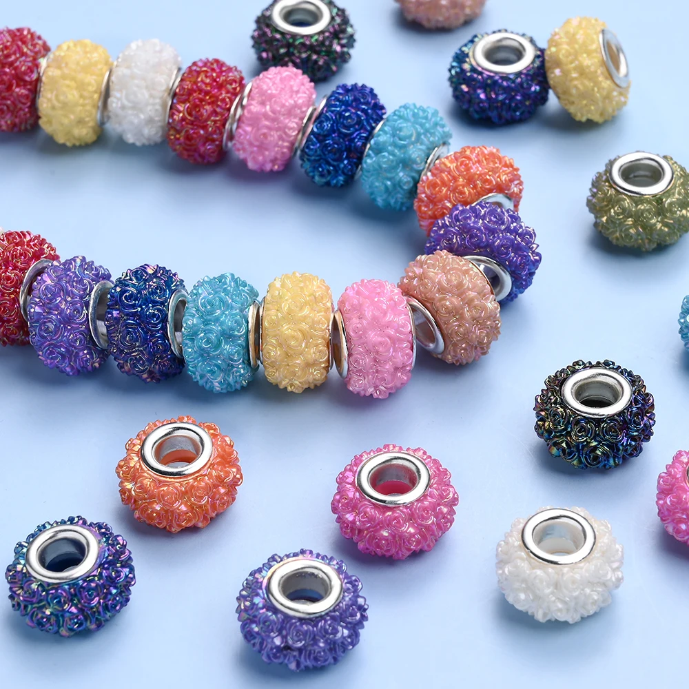 30Pcs 9X14mm AB Floral Rose Pattern Large Hole Acrylic Bead Multicolor European Spacer Bead DIY Bracelet Jewelry Making Supplies