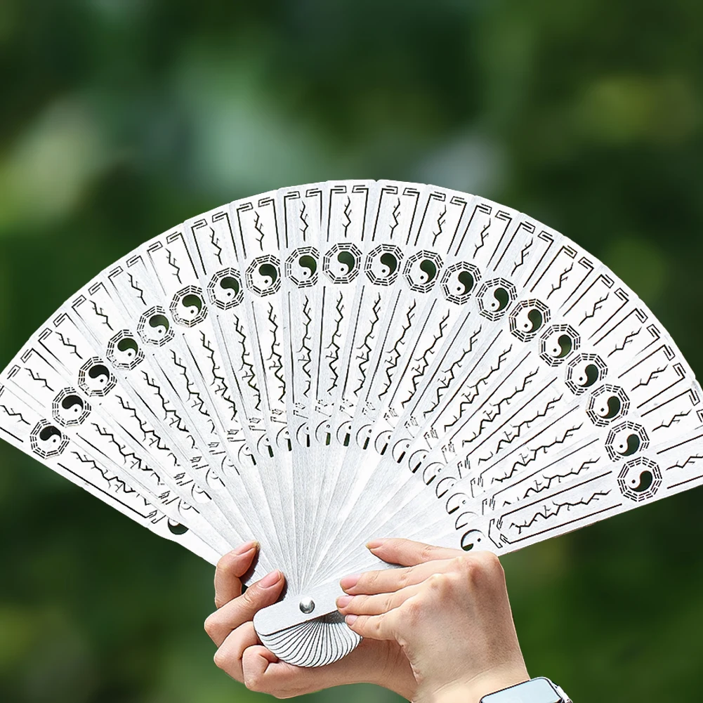 

Stainless Steel Folding Fan 9 Inch Large Size Carved Pattern Handheld Chinese Style Metal Fan Performance Prop Gift