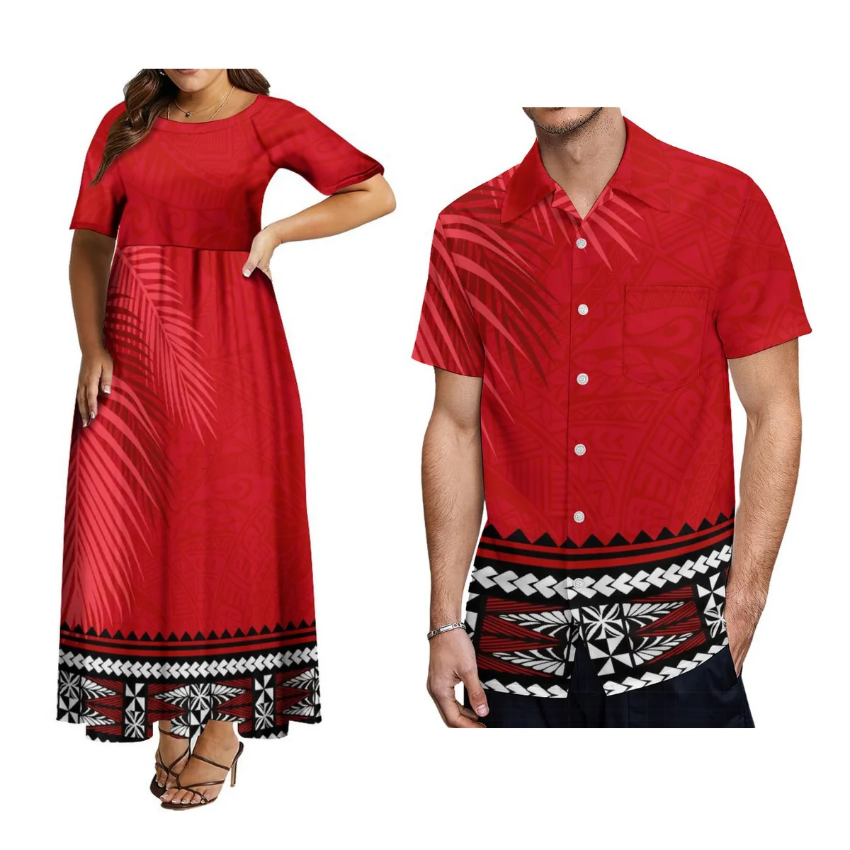 

Custom Women'S Fashion Short Sleeve Dress With Hawaiian Men'S Shirt Tonga Polynesian Tribe Plus Size Couple Set